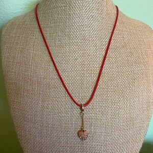 Elegant Red Cord Pink Crystal Heart Pendant Necklace